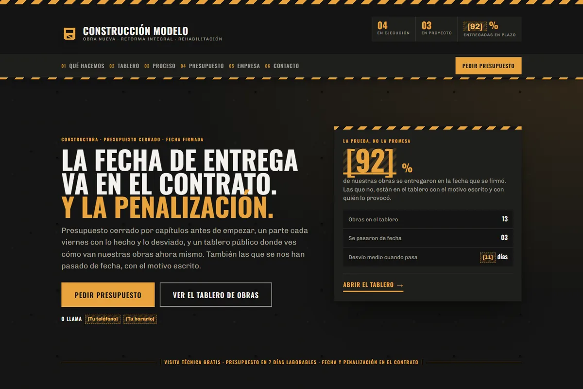 Portada del modelo de web para construcción y obra