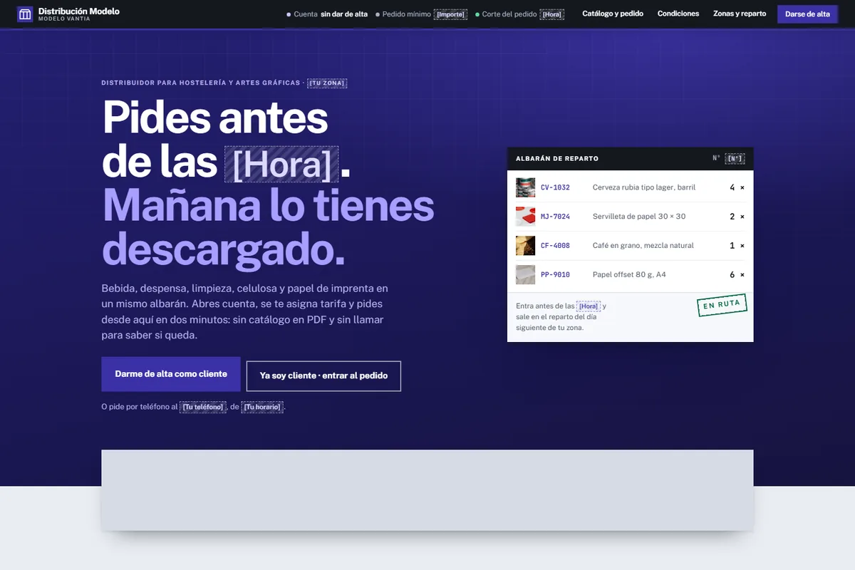 Portada del modelo de web para distribución y pedido b2b
