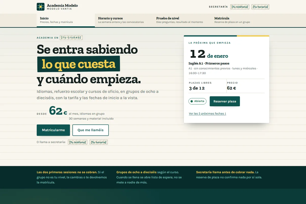 Portada del modelo de web para formación y academias