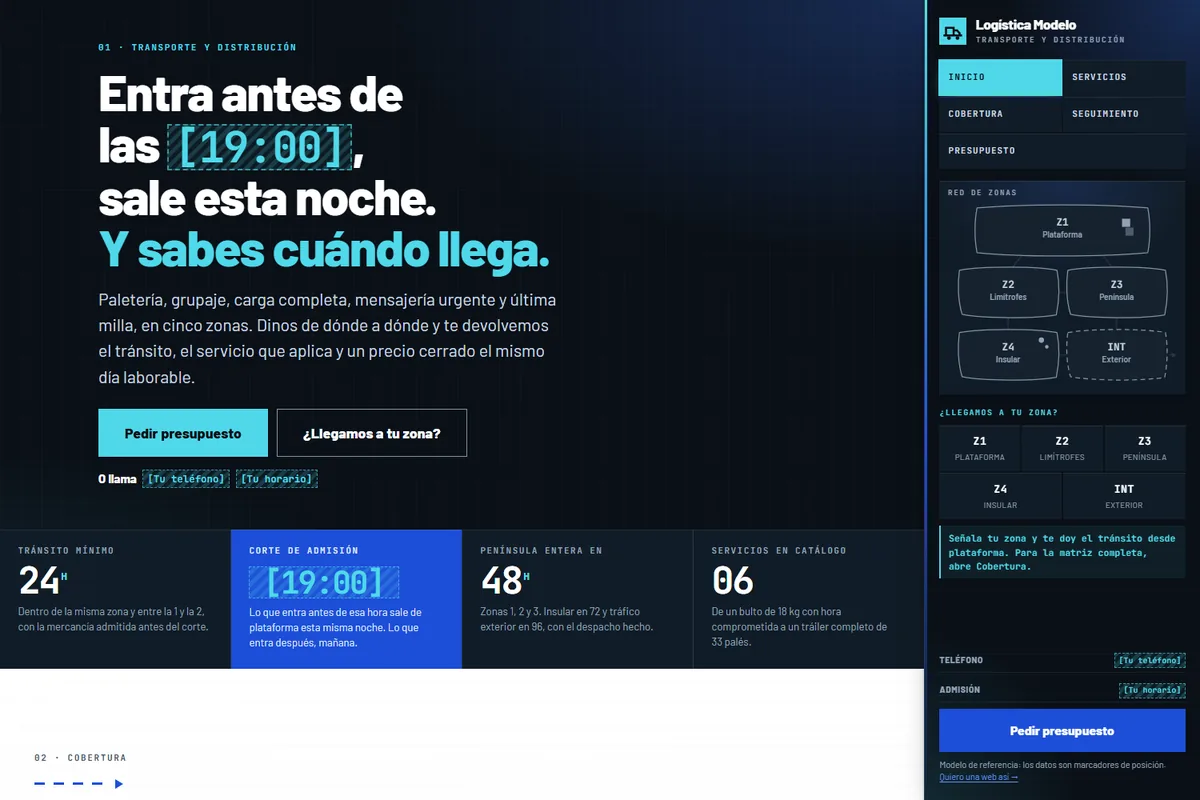 Portada del modelo de web para logística y transporte