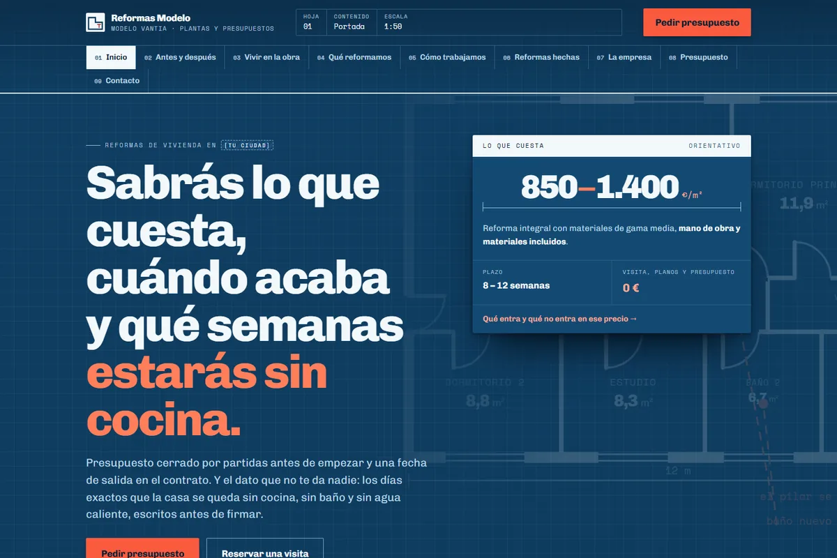 Portada del modelo de web para reformas e instalaciones